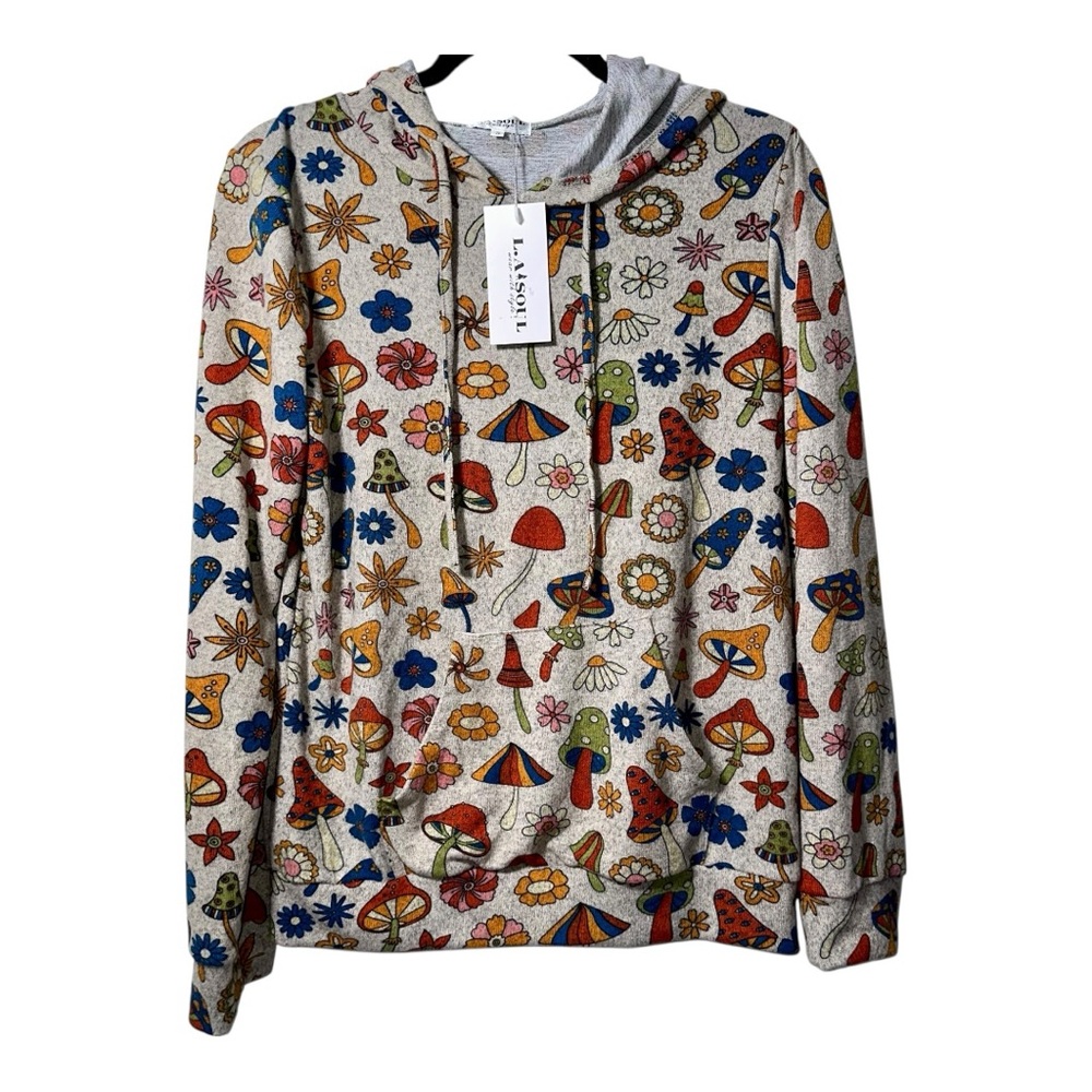 LA Soul Mushroom Print‎ Hoodie Boho Cottagecore Graphic Pullover S NWT